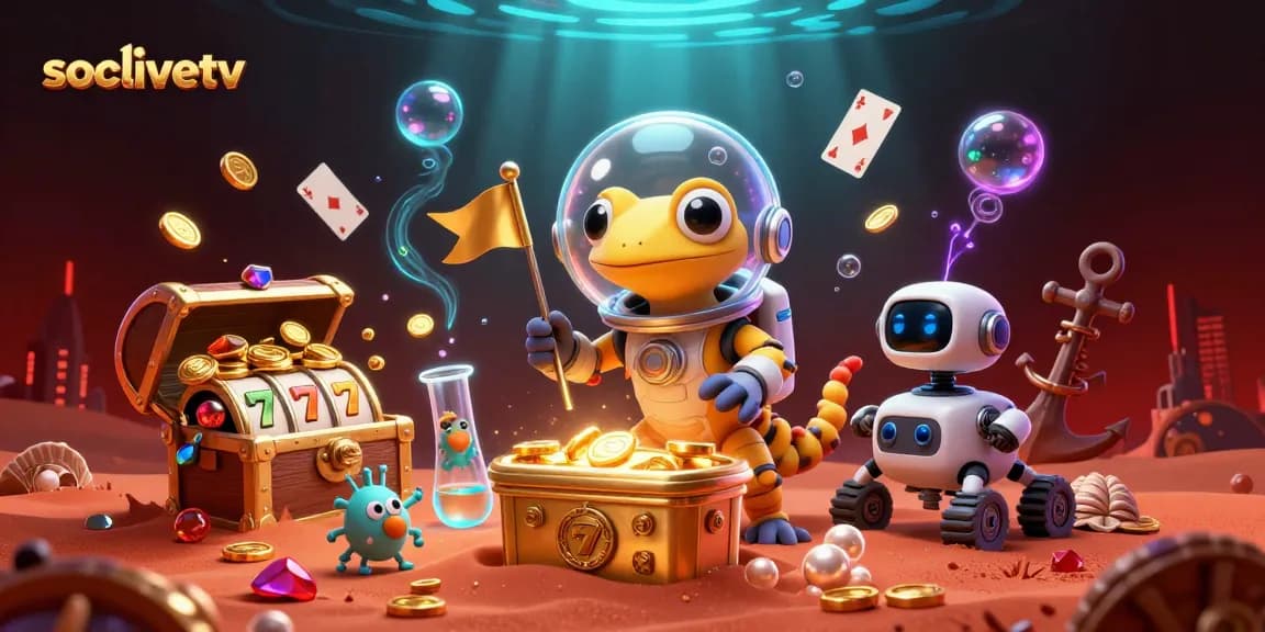 Engage in vibrant gaming scenes with socolivetv's golden casino on red Mars sands, featuring slots and playful characters.