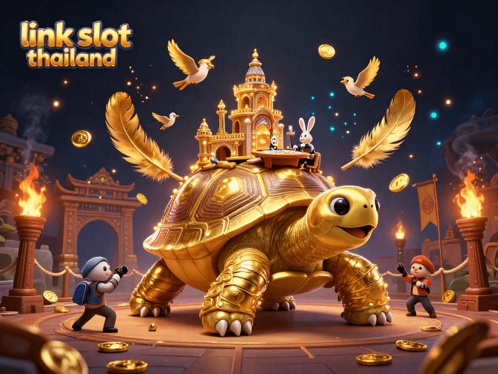 Play exciting slots at link slot thailand, featuring a golden tortoise casino with vibrant colors and characters.