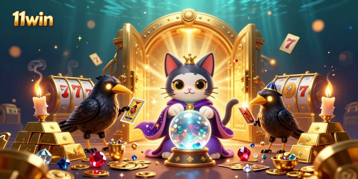 Engage with 11win's vibrant casino scene featuring a mystical fortune teller cat and treasures.