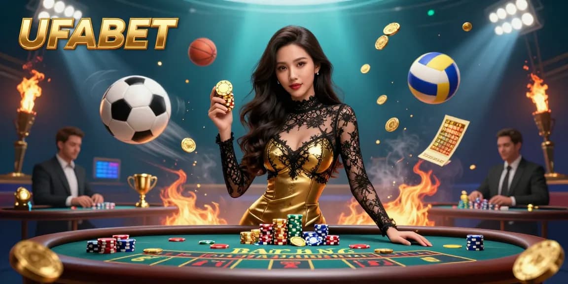 Engage in thrilling betting with UFABET at an exclusive baccarat table featuring an elegant Asian dealer.