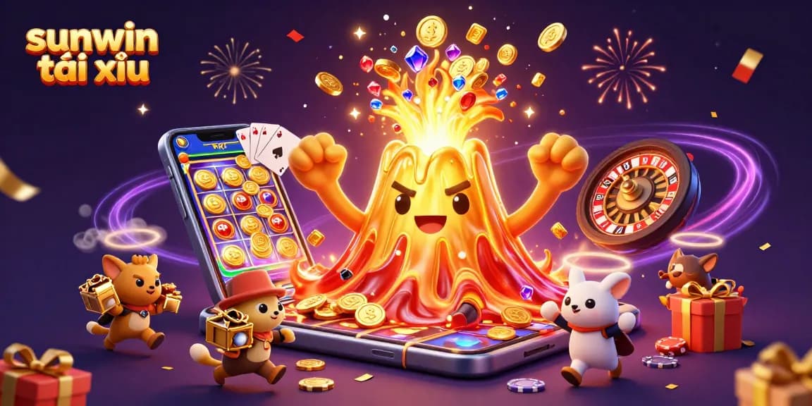 Experience thrilling sunwin tài xỉu action with a dynamic illustration displaying a golden volcano erupting coins and colorful slot games.