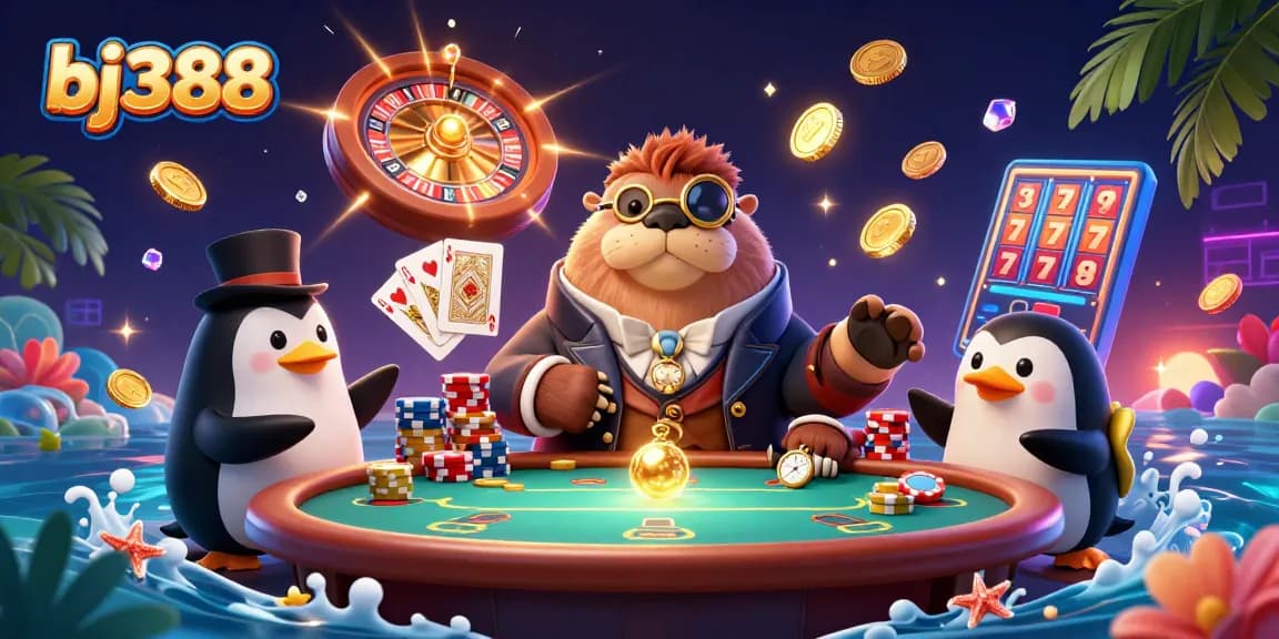 Engage in thrilling gameplay with bj388 as a walrus, penguin dealer, and pufferfish create a unique casino scene.