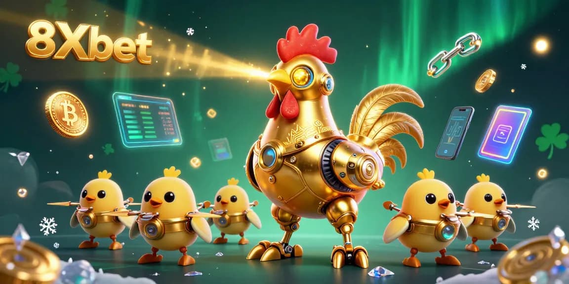 Experience thrilling gameplay with 8Xbet as a robotic rooster leads baby chick drones in a dynamic casino scene.