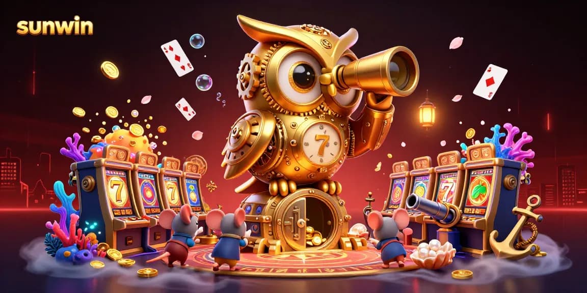 Engage with thrilling gameplay at sunwin featuring animated golden owl and colorful casino treasures.