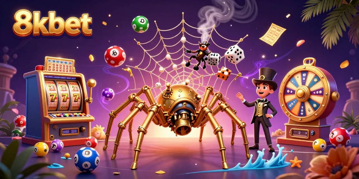 Engage with 8xbet's vibrant casino world featuring a steampunk spider and dynamic lottery elements.