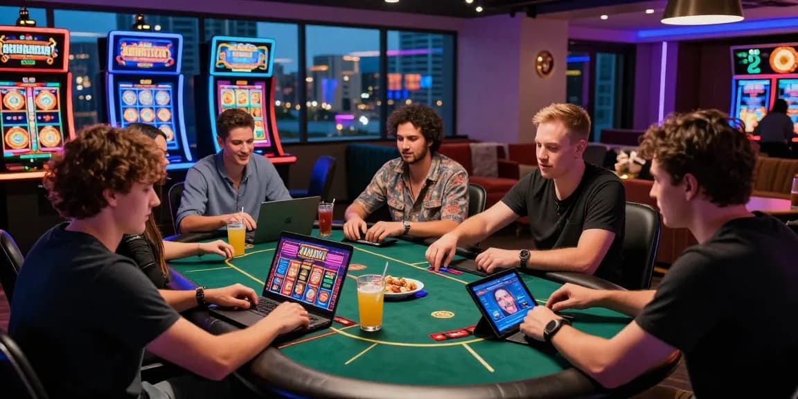 Engaged players exploring australian online casinos at digital tables in a vibrant gaming lounge setting