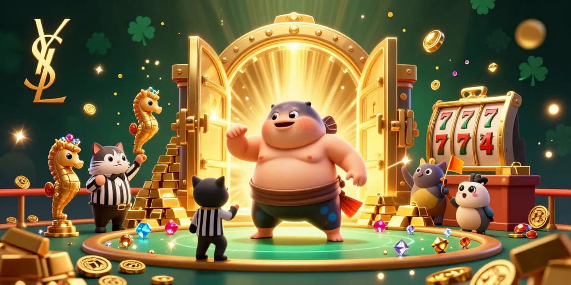 Catch the excitement with ysl in this vibrant casino scene featuring a fugu sumo wrestler and treasures.