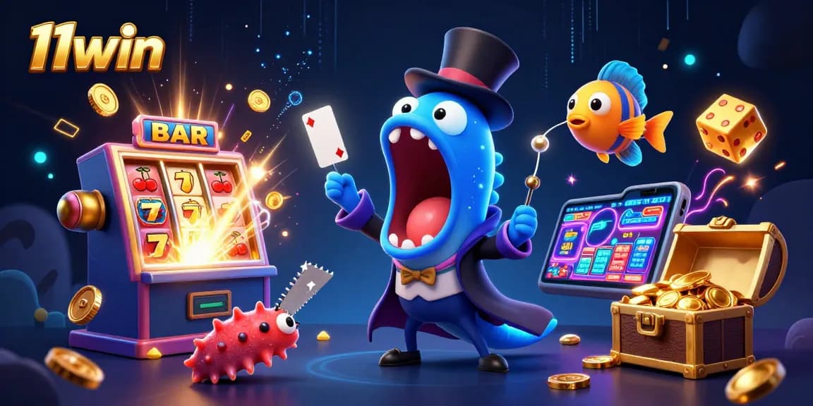 11win captures the excitement of slots and gambling with a vibrant 3D animated casino scene.