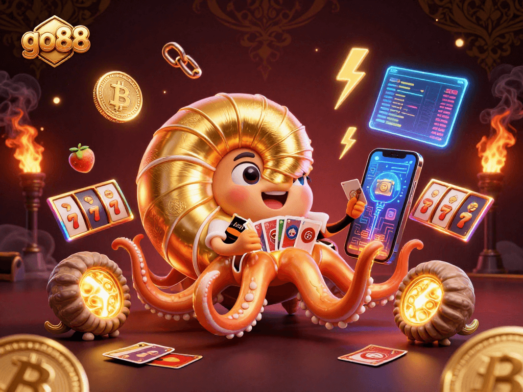 Experience go88's thrilling gameplay with a 3D golden nautilus roulette wheel surrounded by glowing crypto coins.