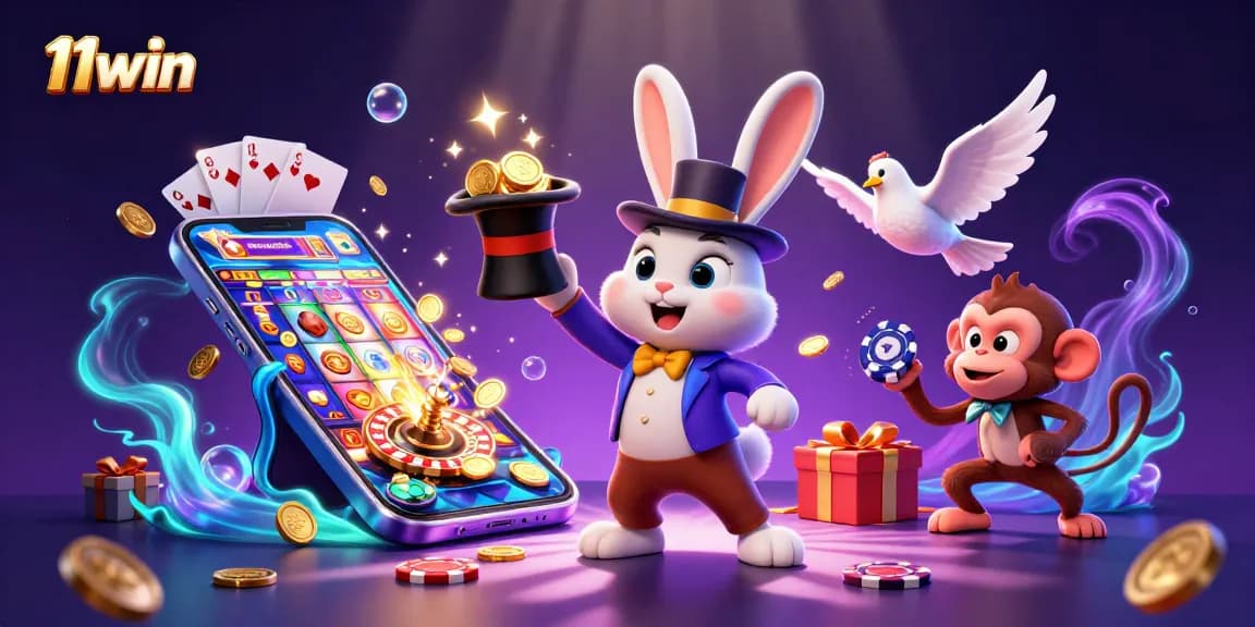 Spin and win with 11win's lively casino illustration, showcasing gaming excitement and magic.