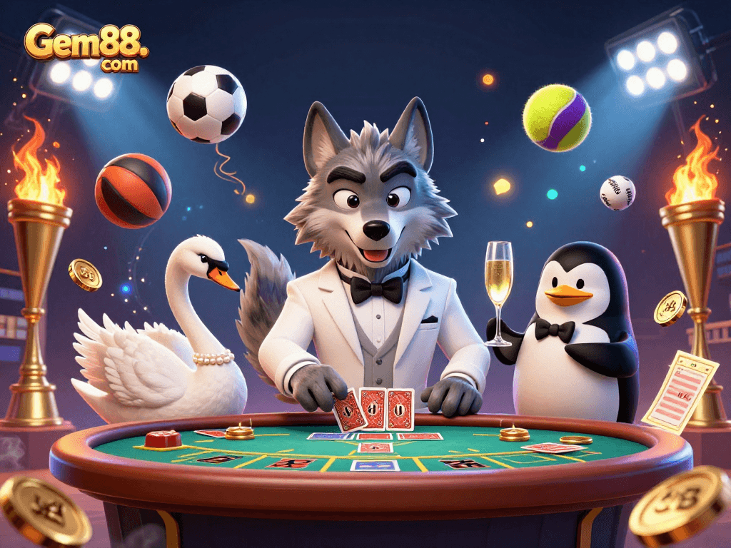 Bet on Gem88. com while enjoying a lively baccarat game with dynamic characters and sports elements.
