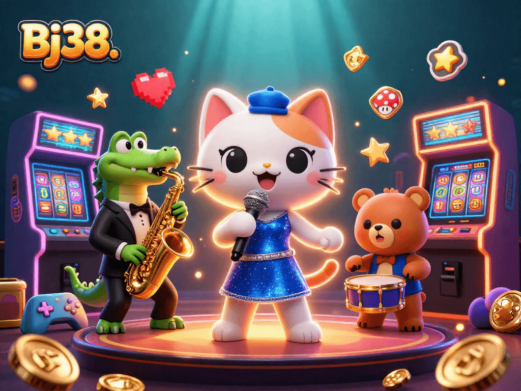 Bj38. immerse in the exciting world of casinos with a lively jazz scene featuring a singing cat and musical friends.