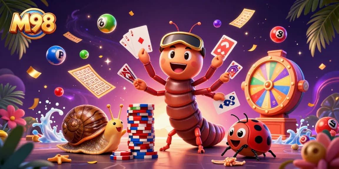 M98 showcases a vibrant casino scene featuring a millipede dealer and exciting gaming elements.