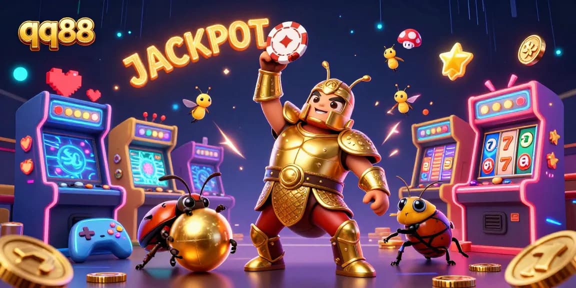 Celebrate wins with qq88 in this vibrant 3D casino adventure featuring cartoon insects and rich game elements.