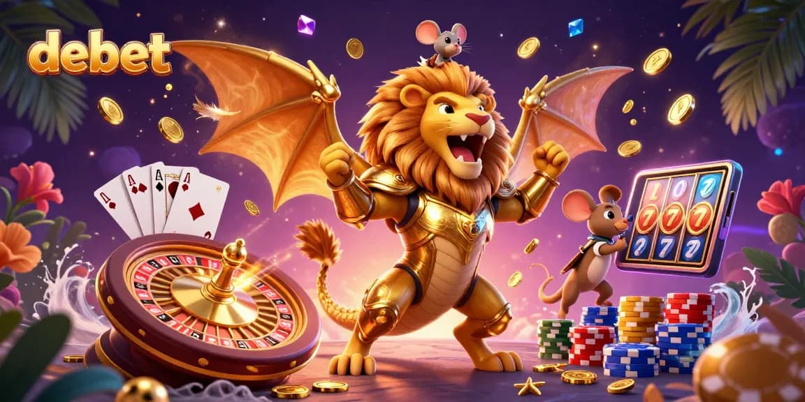 Engaging 3D scene illustrating debet online casino with a golden chimera and shimmering gaming elements.