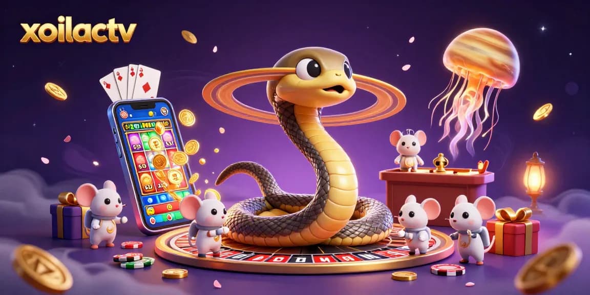 Xoilactv casino scene featuring a Saturn ring snake as a roulette wheel with betting mice, vibrant elements, and cosmic dealer.