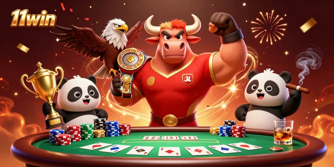 Experience the thrill with 11win, capturing a 3D gaming celebration scene at a poker table.