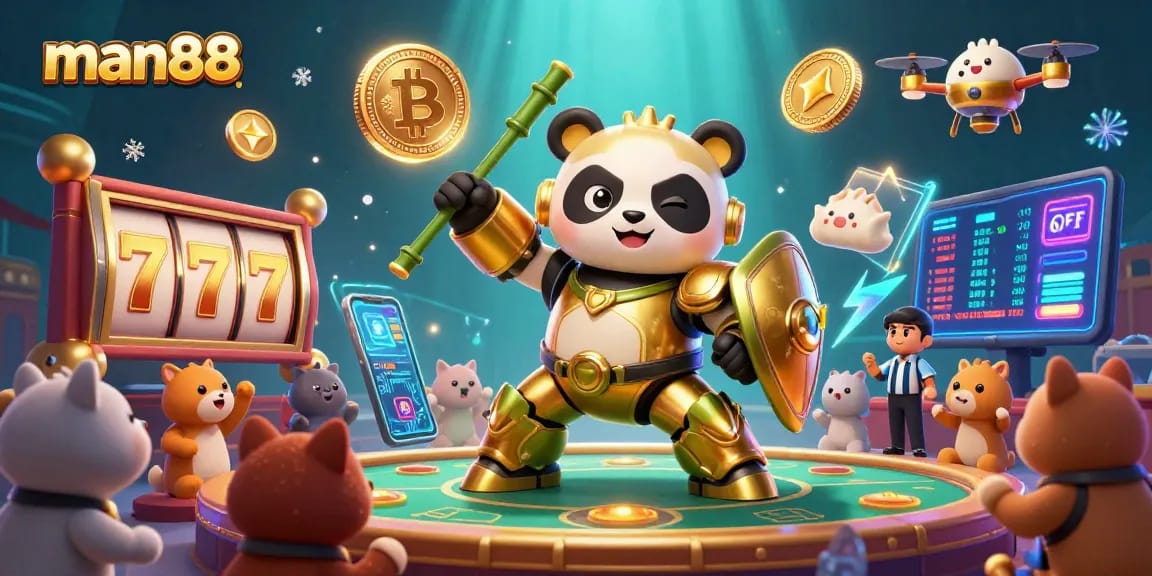 Engage with man88 with a lively 3D illustration of a golden panda mech pilot amid vibrant casino elements and crypto assets.