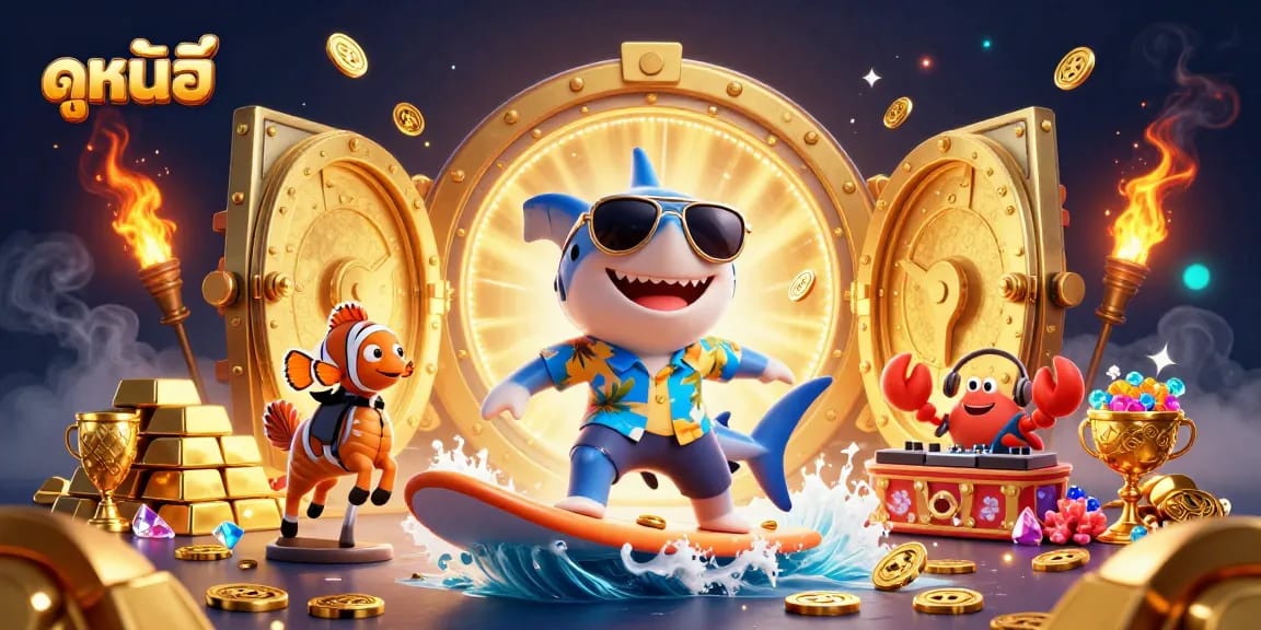 Experience ดูหนังออนไลน์ with vibrant casino-themed characters and dazzling gold elements in this dynamic illustration.