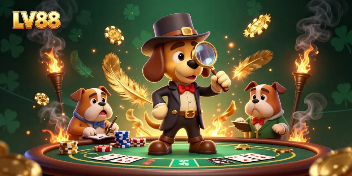 Investigate LV88's gaming treasures with our detective duo amidst poker chips and golden coins.