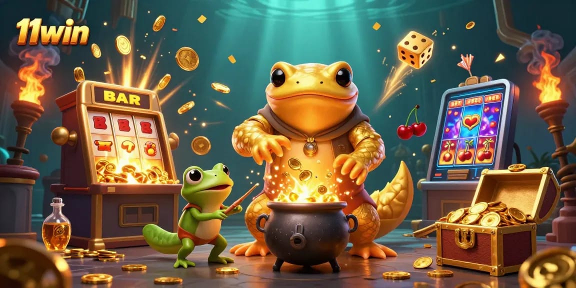 Experience the magic of 11win with a rich scene of gold-making alchemy and dynamic casino elements.