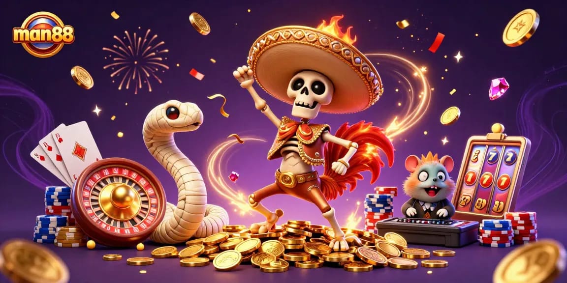 Experience a thrilling victory with man88 as a mariachi rooster celebrates amidst golden coins and casino elements.