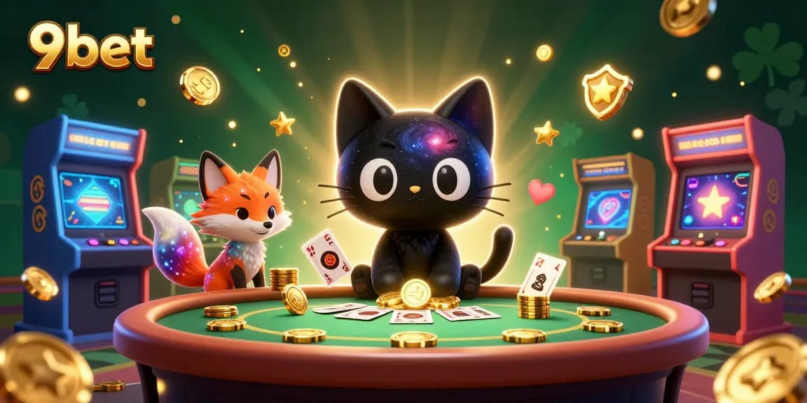 Experience the vibrant 9bet cosmic casino with a black hole cat and nebula fox amidst golden chips.
