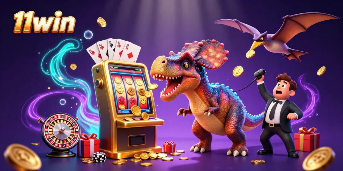 11win brings excitement with a pachycephalosaurus, jackpot slots, and flying gold coins.