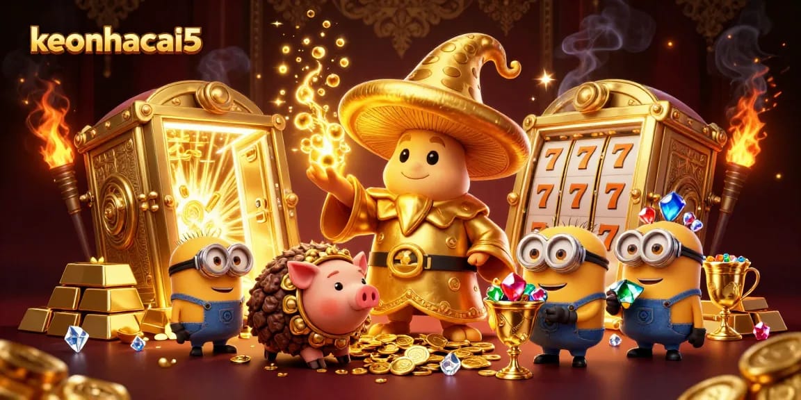 Play thrilling games with keonhacai5's cartoon wizard revealing treasures amid golden jackpots and magical gems.