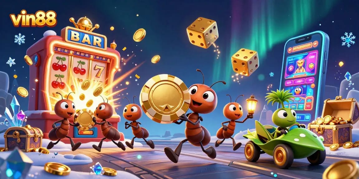 Experience the thrilling heist as vin88's ants steal a giant poker chip amidst a jackpot explosion.