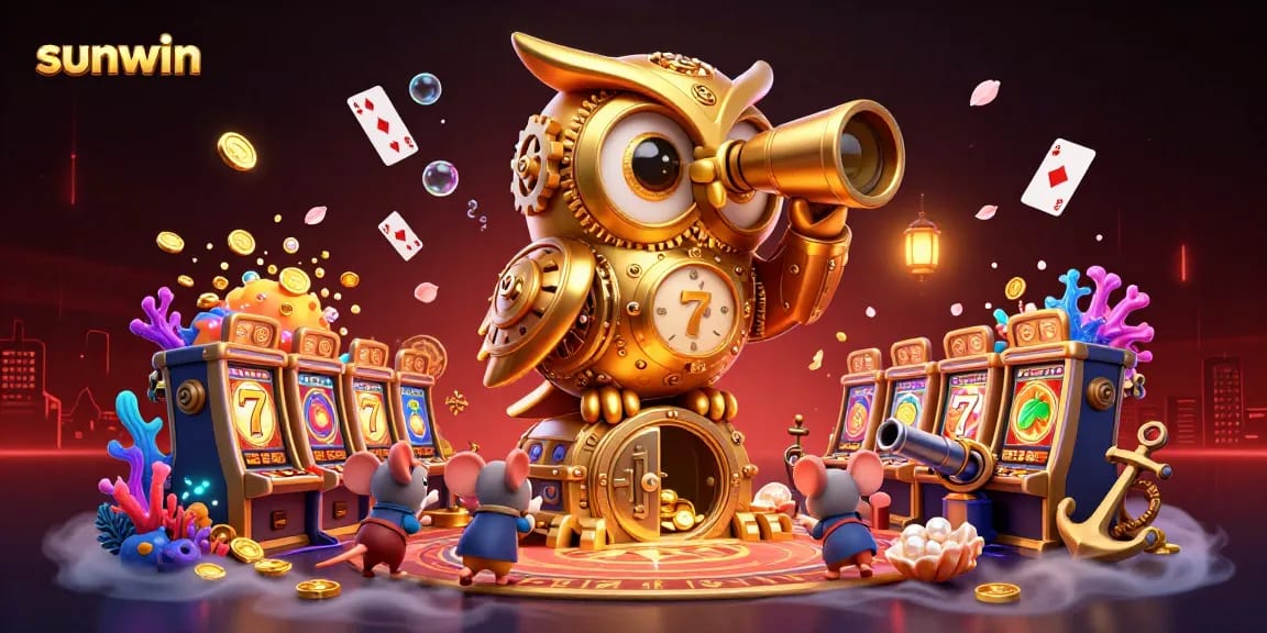 Engage with thrilling gameplay at sunwin featuring animated golden owl and colorful casino treasures.
