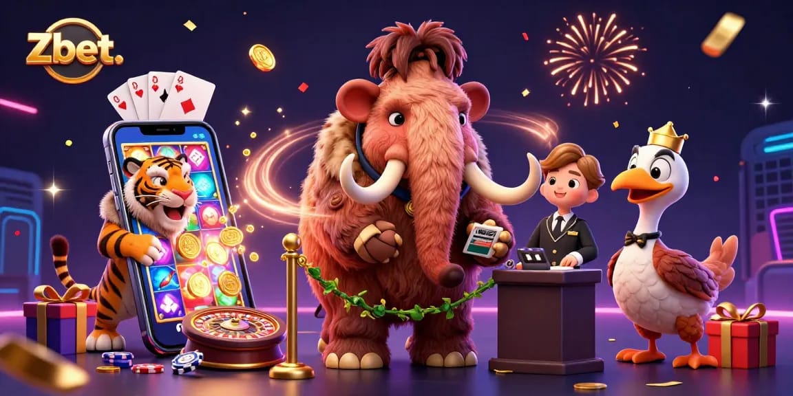 Experience the energy of Zbet. at this vibrant casino scene featuring animated characters, dynamic games, and celebration elements.