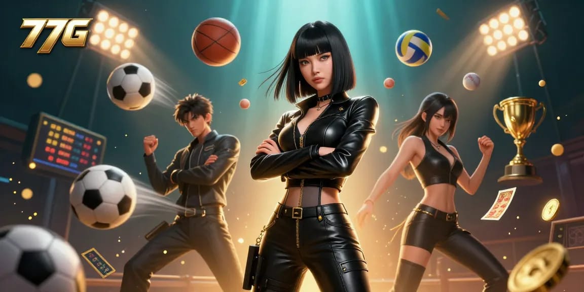 A stunning Asian woman showcases 77GG sports betting excitement in a dynamic, futuristic scene filled with golden sports elements.
