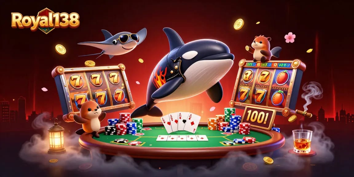Royal138 menarik dengan karakter kartun dalam suasana kasino, memperlihatkan slot dan poker.