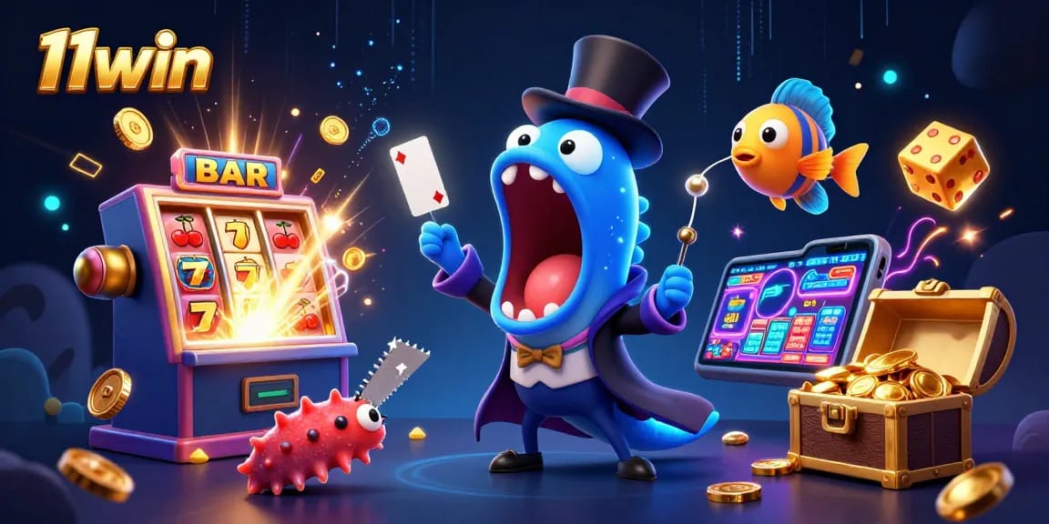 11win captures the excitement of slots and gambling with a vibrant 3D animated casino scene.