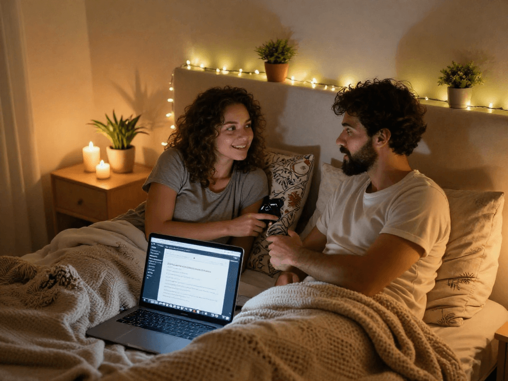 Couple discussing ai sex tips in a cozy bedroom setting