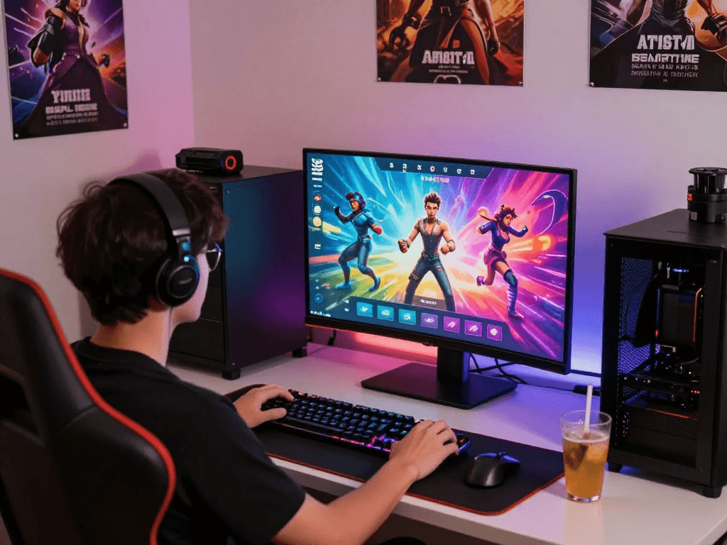 Engaged gamer playing a porn game on a desktop setup, featuring colorful interactive visuals and cozy atmosphere.