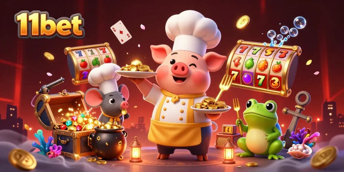 Engage with 11bet’s thrilling world through a vibrant, rich 3D casino scene featuring characters and gaming elements.