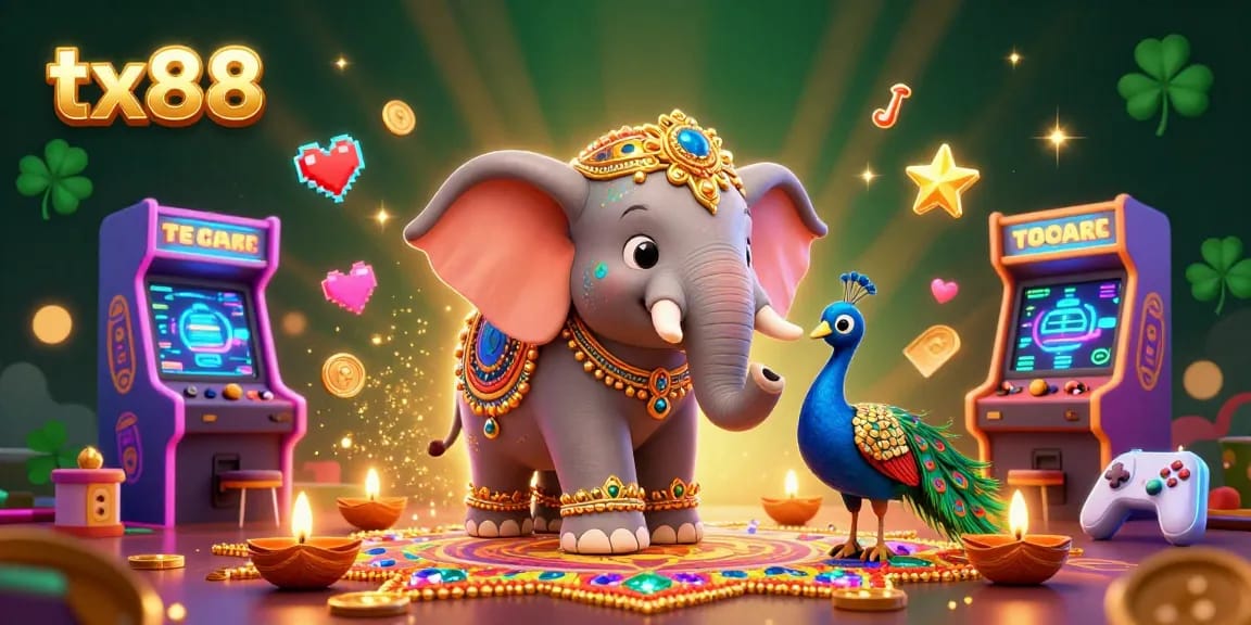 Experience winning with tx88's vibrant casino-themed digital illustration featuring arcade elements and a Diwali elephant.