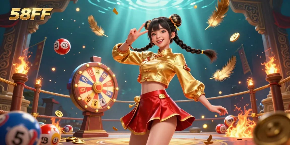 Engage with 58FF's vibrant casino atmosphere, featuring a joyful character among colorful lottery elements.