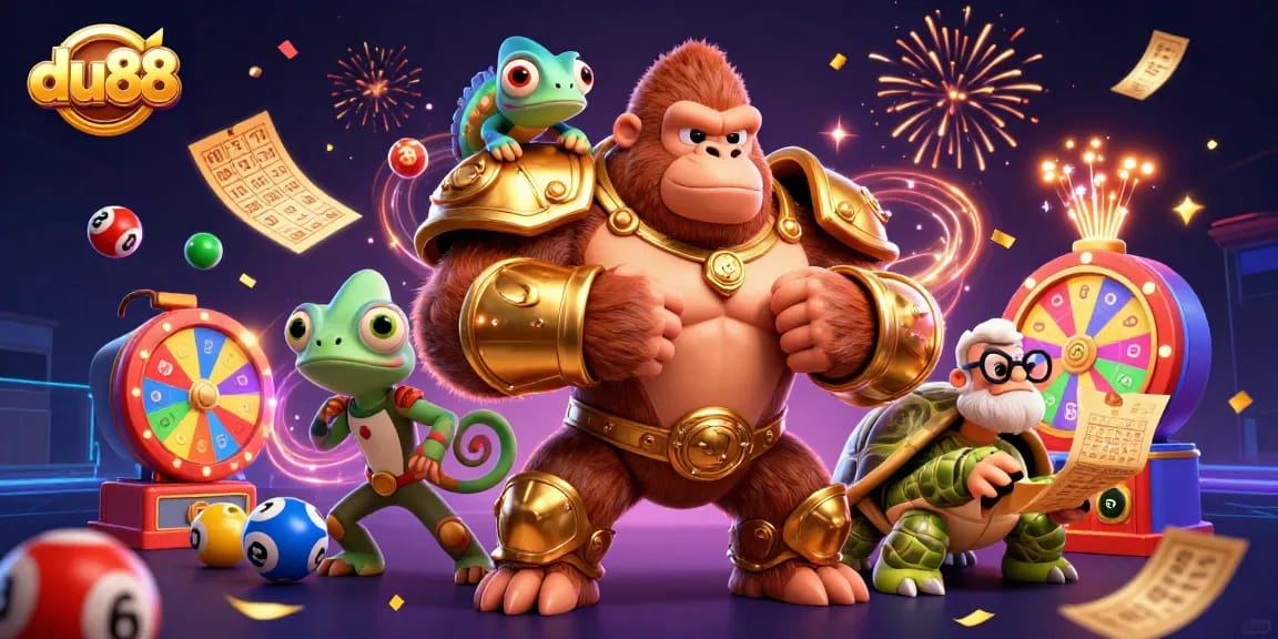 Join the fun with du88 as a gorilla king and friends celebrate lottery wins together.
