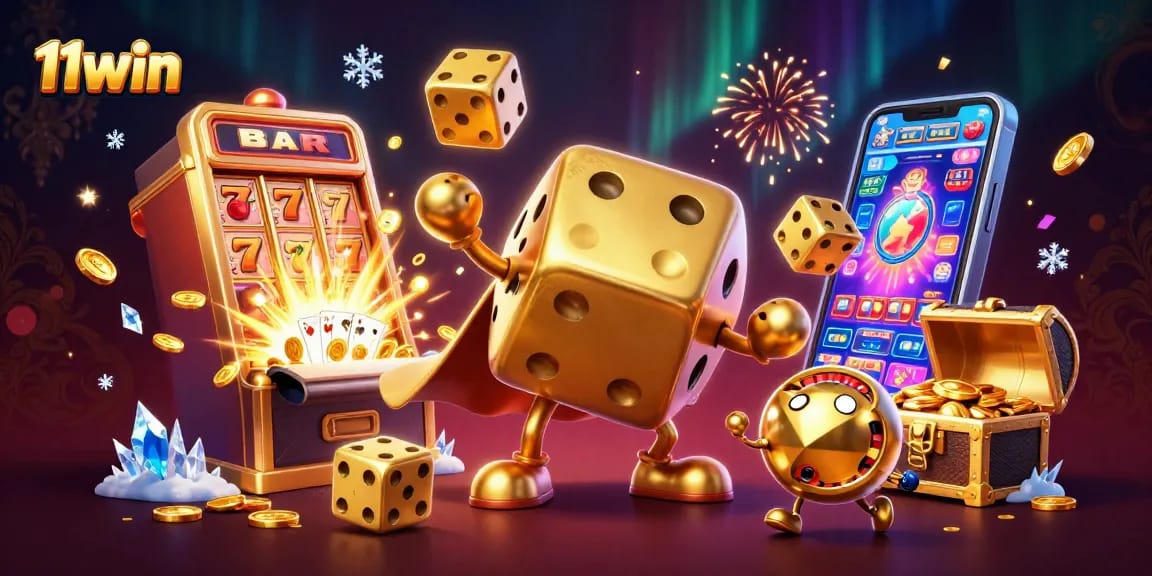 Experience 11win's thrilling world of casino gaming with vibrant golden dice and jackpot action.