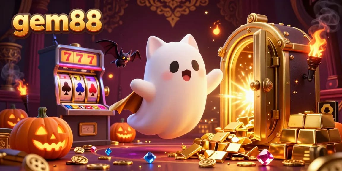 Experience thrilling gaming with gem88's vibrant haunted casino scene featuring playful ghost cat and treasures.