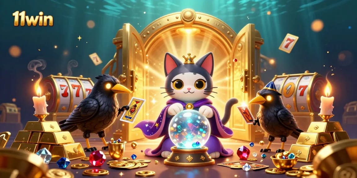 Engage with 11win's vibrant casino scene featuring a mystical fortune teller cat and treasures.