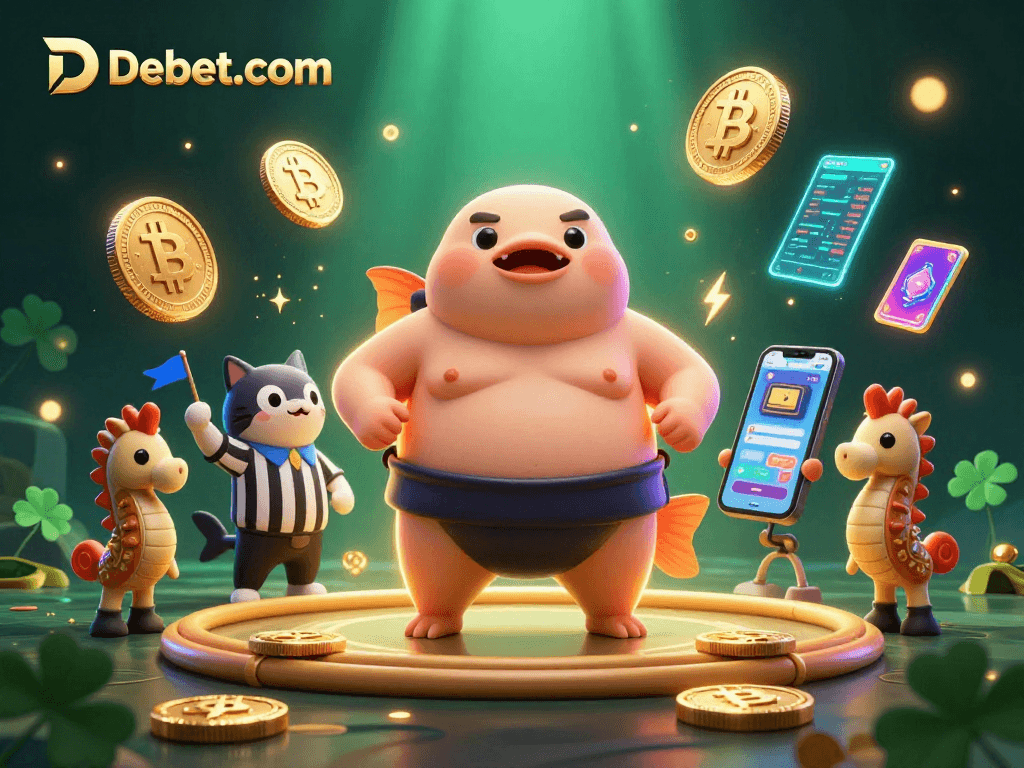 Engage in thrilling moments at Debet. com, where a lively underwater casino scene showcases cryptocurrency elements and animated characters.