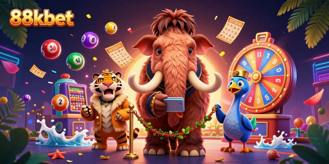 Experience excitement at 88kbet with colorful lottery balls and vibrant casino characters.