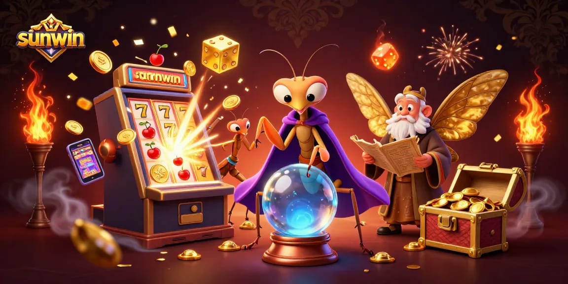 Sunwin players enjoying a lively casino scene filled with jackpot excitement and mystical characters.