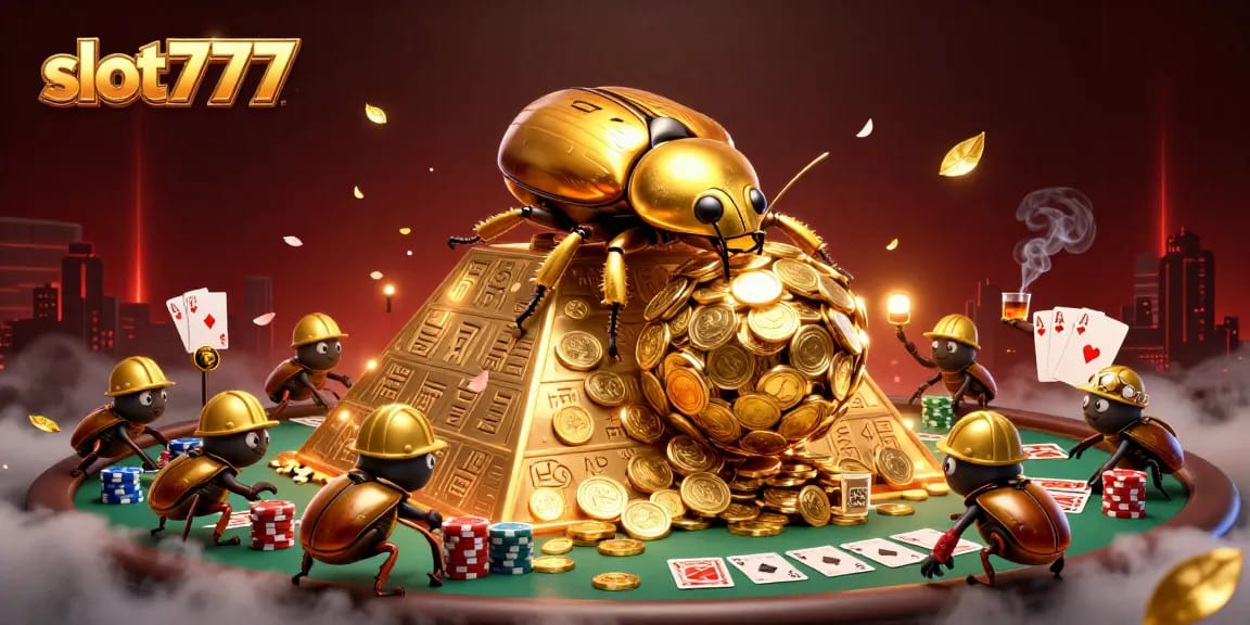 Experience slot777 excitement with a vibrant scene featuring golden beetles and colorful poker elements.