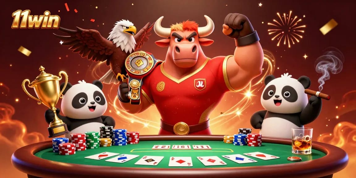 Experience the thrill with 11win, capturing a 3D gaming celebration scene at a poker table.