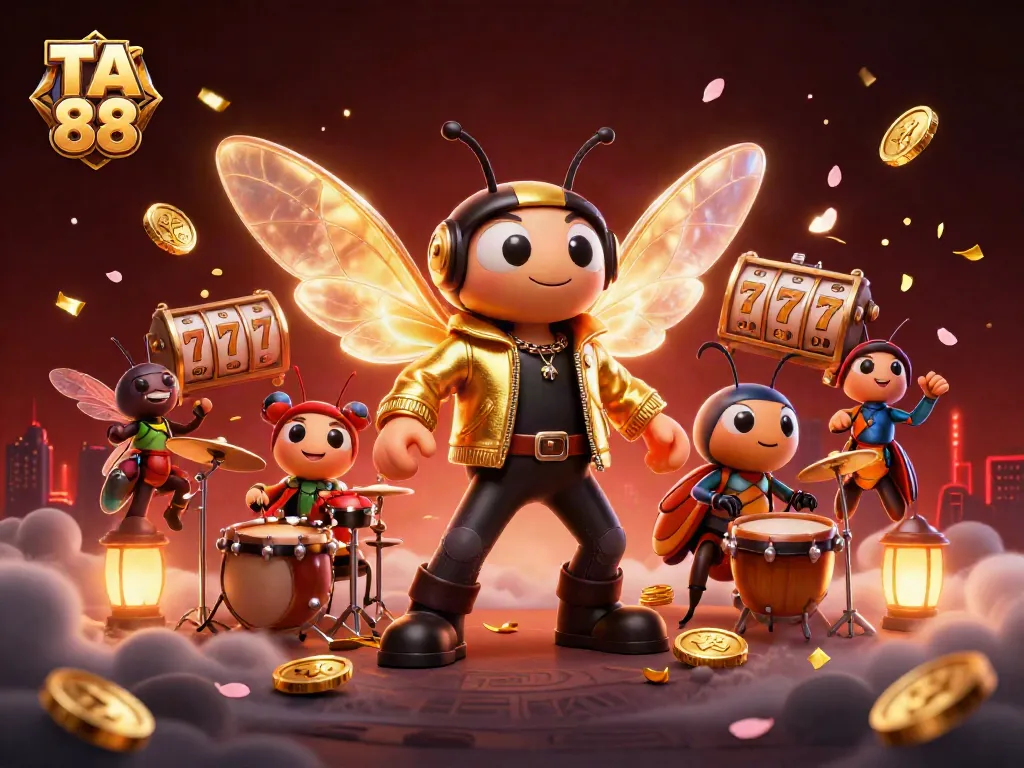 Experience thrilling casino vibes with TA 88, showcasing dynamic 3D characters amidst vibrant slot reels and golden coins.